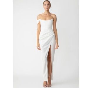 Sau Lee Brandi Gown in White - One-shoulder draped corset maxi dress